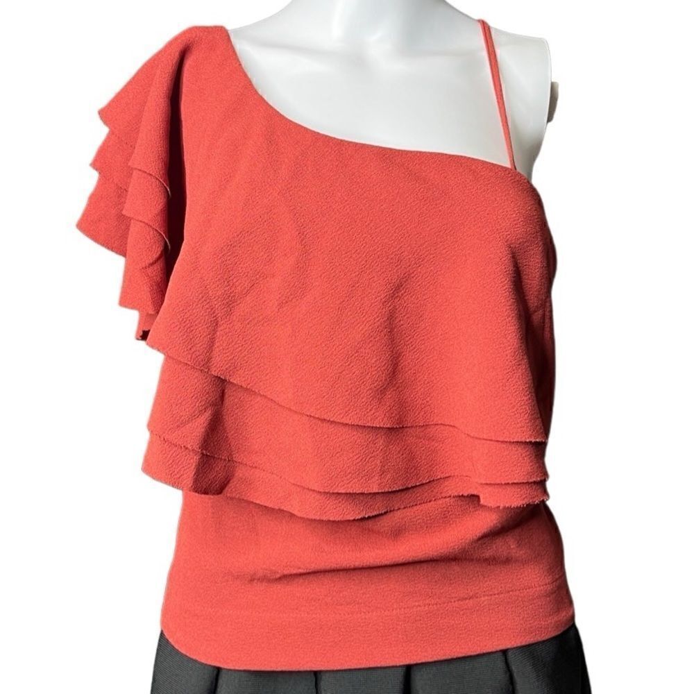 Designer Remix Wake Flare One Shoulder Ruffle Blouse Red Size XXS